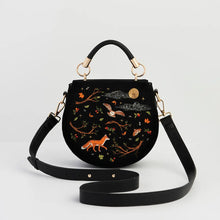 Load image into Gallery viewer, Fable Enchanted Woodland Embroidered Velvet Grab Bag – Black (additional strap)