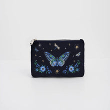 Load image into Gallery viewer, Fable England Enchanted Butterfly Embroidered Velvet Pouch – Navy