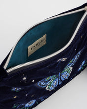 Load image into Gallery viewer, Fable England Enchanted Butterfly Embroidered Velvet Pouch – Navy (open)