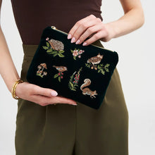 Load image into Gallery viewer, Fable England Woodland Wildlife Embroidered Velvet Pouch – Forest Green (held)