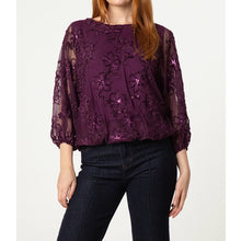Load image into Gallery viewer, Floral Embroidered Sequin Mesh Top – Plum & Chocolate