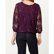 Load image into Gallery viewer, Floral Embroidered Sequin Mesh Top – Plum & Chocolate (back)