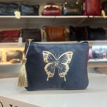 Load image into Gallery viewer, Gold Butterfly Velvet Zip Pouch with Tassel – Slate Blue