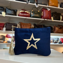 Load image into Gallery viewer, Gold Star Velvet Zip Pouch with Tassel – Navy Blue