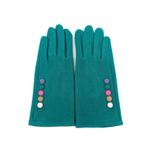 Load image into Gallery viewer, Green Suedette Gloves with Multicolour Button Detail