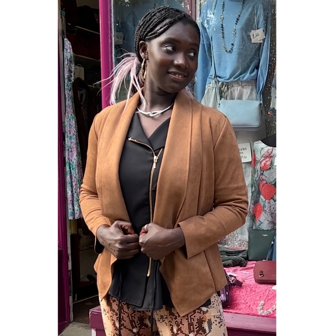 Short Suedette Waterfall Drape Front Jacket Tan Bucks Leather