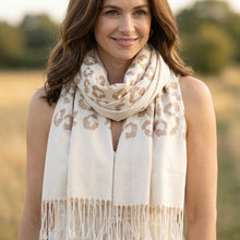 Load image into Gallery viewer, Leopard Print Fringed Scarf – Cream & Rust (on model)