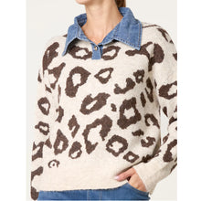 Load image into Gallery viewer, Leopard Print Knit Jumper with Denim Collar – Cream & Brown (close up)