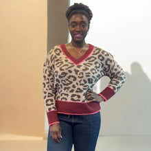 Load image into Gallery viewer, Leopard Print V-Neck Jumper with Contrast Trim (burgundy)