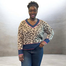 Load image into Gallery viewer, Leopard Print V-Neck Jumper with Contrast Trim (Denim Blue)