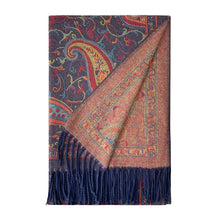 Load image into Gallery viewer, Navy Intricate Paisley Woven Wool Scarf (turned)
