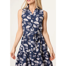Load image into Gallery viewer, Navy & Ivory Fan Print Sleeveless Shirt Dress (close up)