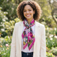 Load image into Gallery viewer, Oil Hydrangeas Silk Feel Square Scarf – Pink Multi (on model)