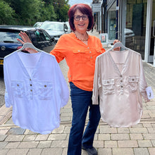 Load image into Gallery viewer, Petite Lyocell Utility Pocket Blouse (model)