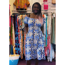 Load image into Gallery viewer, Santorini Bardot Midi Dress with Pockets (blue)