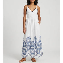 Load image into Gallery viewer, White with Blue Embroidery Daisy Scallop Hem Maxi Dress