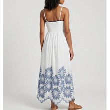 Load image into Gallery viewer, White with Blue Embroidery Daisy Scallop Hem Maxi Dress (back)