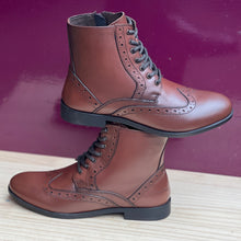 Load image into Gallery viewer, Tan Leather Brogue Style Ankle Boots