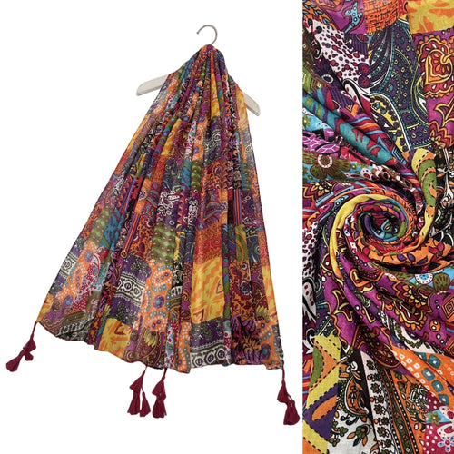 Vibrant Patchwork Print Tassel Scarf