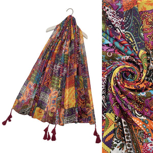Vibrant Patchwork Print Tassel Scarf