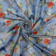 Load image into Gallery viewer, Blue Hummingbird &amp; Floral Print Frayed Scarf (swirl)
