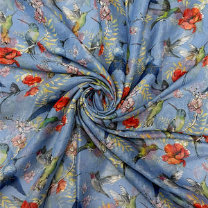 Blue Hummingbird & Floral Print Frayed Scarf (swirl)