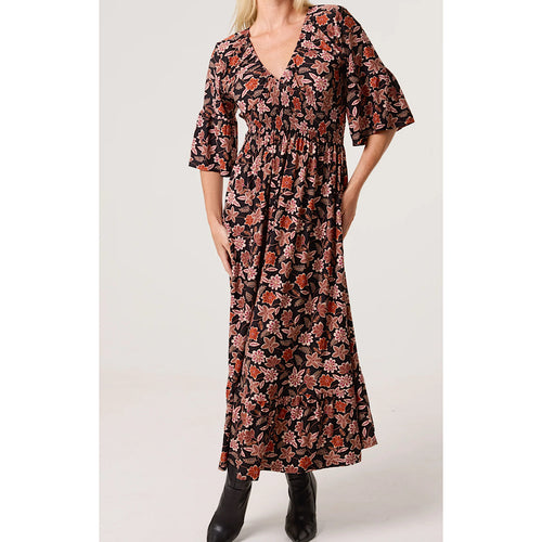 Autumnal Leaf Print V-Neck Shirred Maxi Dress