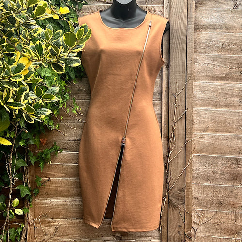 Caramel Zip Up Bodycon Sleeveless Dress