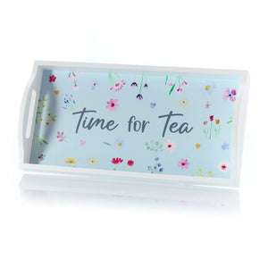 Pretty Floral 'Time For Tea' Wood Varnished Tray (side)