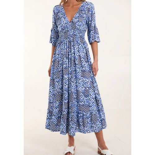Blue Aztec V-Neck Shirred Maxi Dress