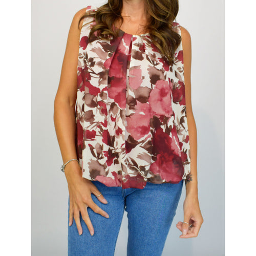 Berry Floral Print Sleeveless Bubble Hem Top
