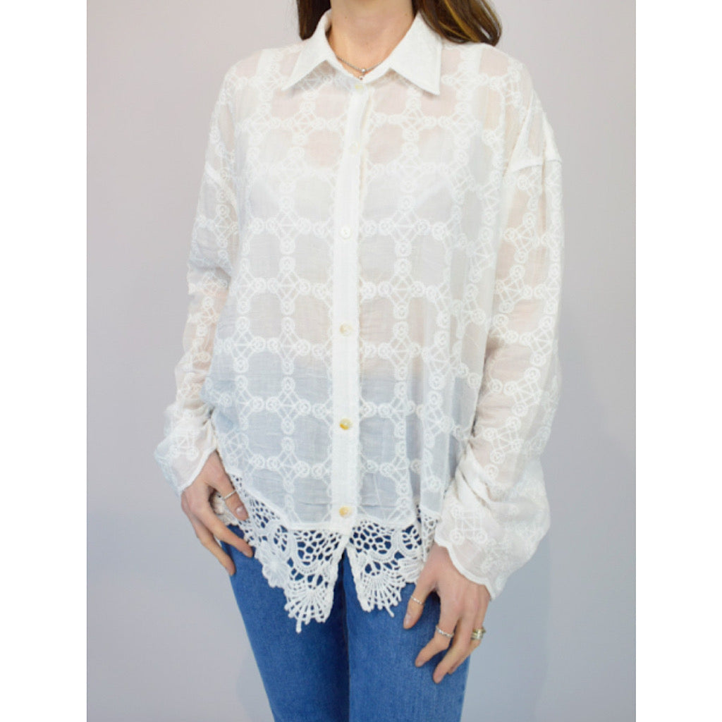 White Embroidered Crochet Hem Button Shirt