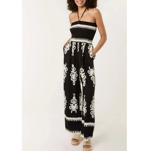 Black Paisley Print Shirred Halter Neck Jumpsuit