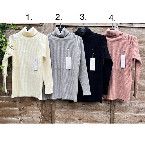 Soft Knit Ribbed Roll Neck Jumper (ivory, grey, black, pink)