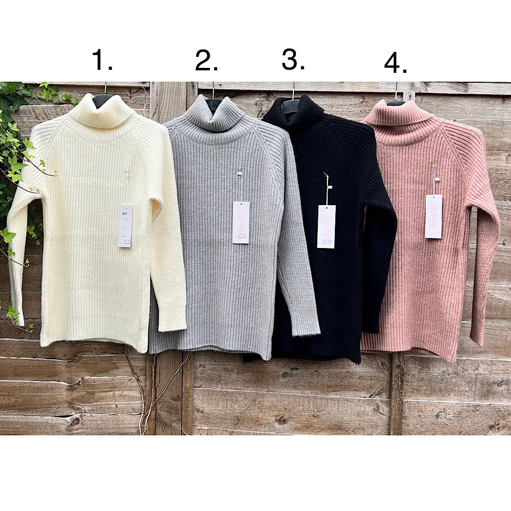 Soft Knit Ribbed Roll Neck Jumper (ivory, grey, black, pink)