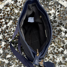 Load image into Gallery viewer, Navy Front Zip Pocket Messenger Style Bag (open)
