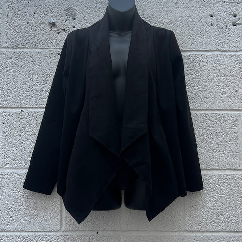 Black Short Suedette Waterfall Drape Front Jacket