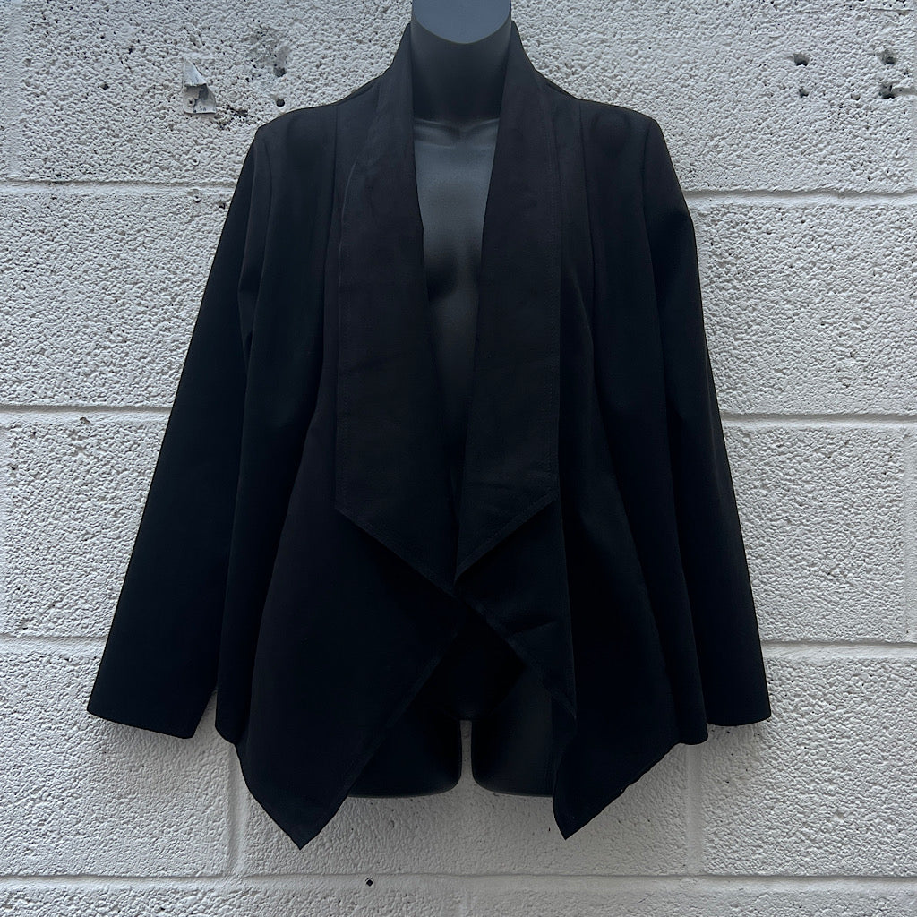Black Short Suedette Waterfall Drape Front Jacket
