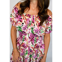 Load image into Gallery viewer, Bardot Midi Dress with Pockets | Magenta Vibrant Multi Leaf (close up)
