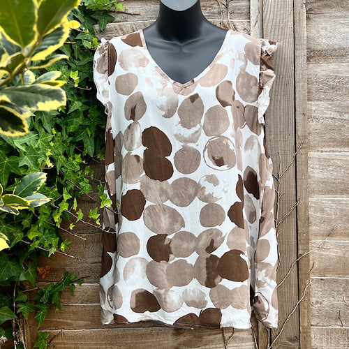 Brown Spot Print Frill Sleeve V-Neck Long Top