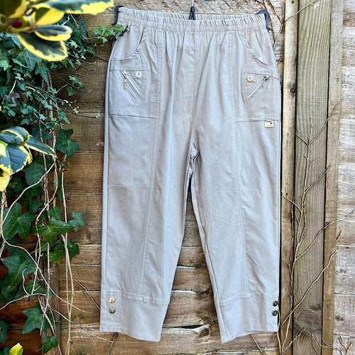 Oatmeal Beige 3/4 Button Detail Trousers