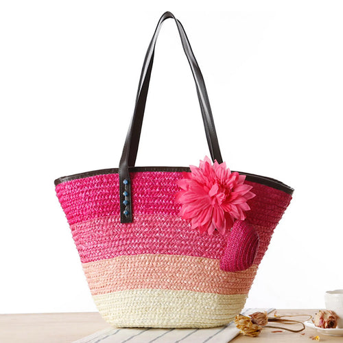 Hot Pink Straw Basket Bag with Flower and Free Coin Purse