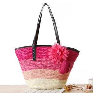 Hot Pink Straw Basket Bag with Flower and Free Coin Purse