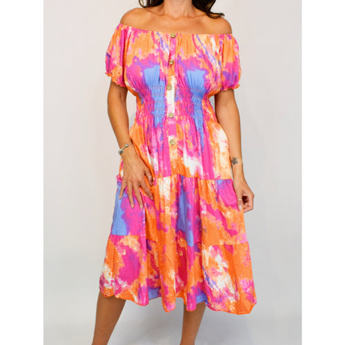 Bardot Midi Dress with Pockets | Orange Vibrant Colour Mix