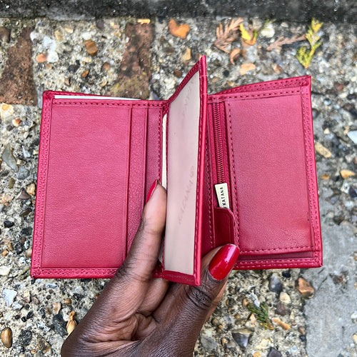 Small Rouge Italian Leather Card & Coin Holder| 4 Card Slots (open)