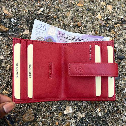 Red Leather Credit Card Holder with Note Section (open)