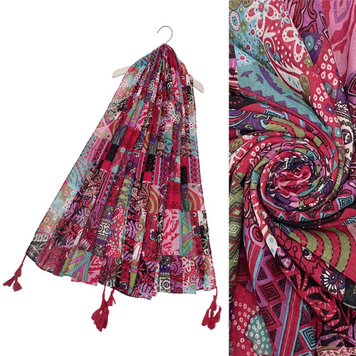 Vibrant Pink Patchwork Print Tassel Scarf