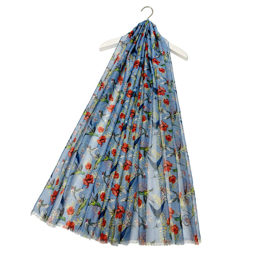 Blue Hummingbird & Floral Print Frayed Scarf