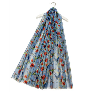 Blue Hummingbird & Floral Print Frayed Scarf
