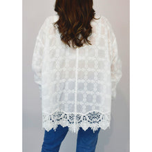 Load image into Gallery viewer, White Embroidered Crochet Hem Button Shirt (back)
